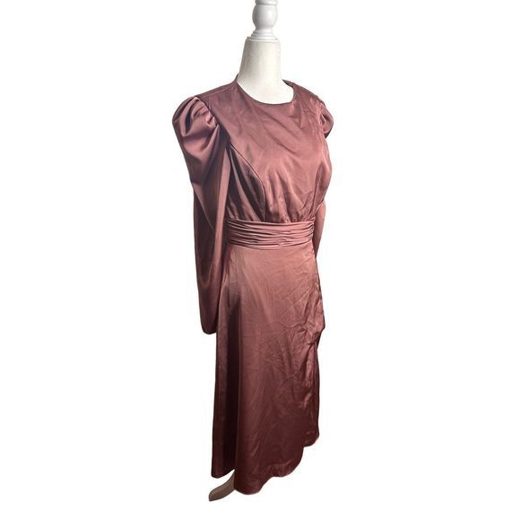 Mac Duggal Ieena High Neckline Mauve Long Sleeve Puff Shoulder Midi Dress 8 NWT - Picture 2 of 12